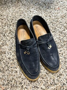 Loro Piana Navy Suede Summer Walk Loafers with Gold Hardware